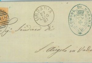 89537 - REGNO - STORIA POSTALE - Annullo NUMERALE su BUSTA - URBANIA Pesaro 1881