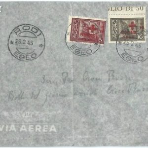 71483 - EGEO Rodi - Storia Postale - Sassone S26 su BUSTA   - RED CROSS  1945