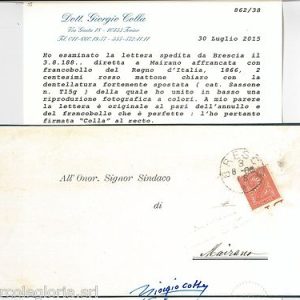 REGNO - STORIA POSTALE : Sass T15g DENT SPOSTATA su BUSTA - CERTIFICATO COLLA