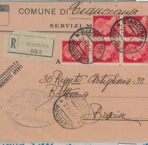 80413 - ITALIA REGNO - STORIA POSTALE:  RACCOMANDATA da CIANCIANA  1941