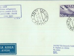 82923 - Storia Postale - PRIMI VOLI - Pellegrini # 664 AA  CAGLIARI - Bari 1967