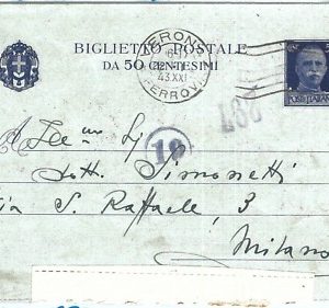 71793  REGNO - Storia Postale - Biglietto INTERO POSTALE  B32 - CENSURATO 1943