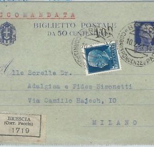 71795 - REGNO - Storia Postale - Biglietto INTERO POSTALE  B 28A RACCOMANDATA