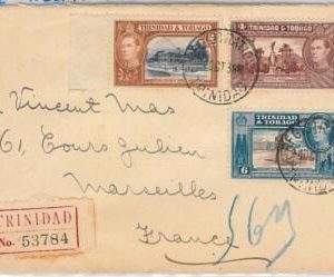 40155-TRINIDAD &TOBAGO postal history-REGISTERED COVER to FRANCE 1938-PETROL OIL