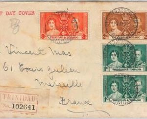 40156-TRINIDAD&TOBAGOpostal history:Coronation1937FDC COVER Registered to FRANCE