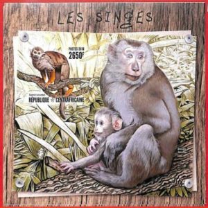 A3914 - Rep. Centroafricana - ERROR IMPERF, Hoja de recuerdo: 2016, Monos