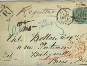 BK0801 - GB - POSTAL HISTORY - SG # 150 Pl 9 on REGISTERED COVER to FRANCE 1874