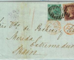 BK0718 - GB - POSTAL HISTORY - SG # 101 + 72 on COVER to Merida SPAIN  1865