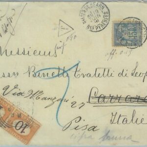 88870 - FRANCE - Postal History: COVER to ITALY 1891 TAXED on ARRIVAL Segnatasse