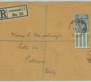 BK0863 - GB - POSTAL HISTORY - REGISTERED COVER from BIRMINGHAM to ITALY  1913