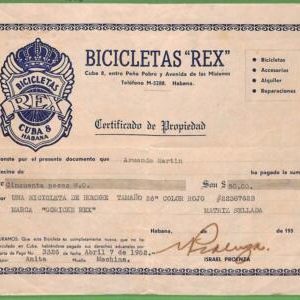 ZA1895 - HABANA - VINTAGE Certificate of Ownership of REX BICYCLE  1952