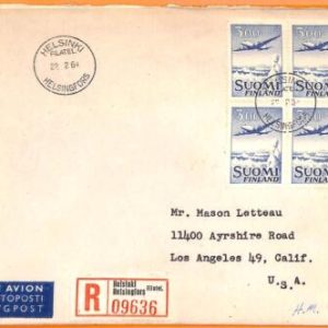 99172 - FINLAND  - POSTAL HISTORY -  Registered AIRMAIL COVER to the USA  1964