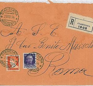 31018  REGNO - STORIA POSTALE: BUSTA RACCOMANDATA indirizzata a BENITO MUSSOLINI
