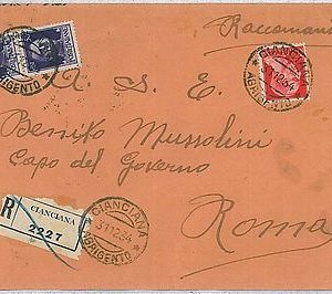 31024  REGNO - STORIA POSTALE: BUSTA RACCOMANDATA indirizzata a BENITO MUSSOLINI