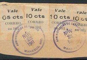 58647 -  NICARAGUA - POSTAL HISTORY: REVENUE STAMPS on small COVER CUT-OUT  1911