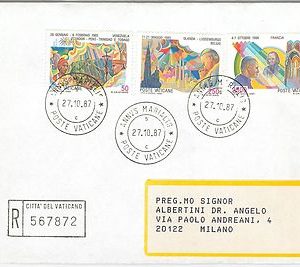 47782 - VATICANO - Storia Postale: 3 valori Viaggi Papali  su  BUSTA  FDC 1987