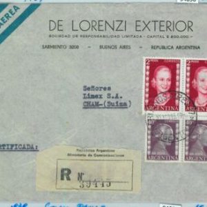 94056 - ARGENTINA - POSTAL HISTORY - REGISTERED COVER to SWITZERLAND 1953  Evita