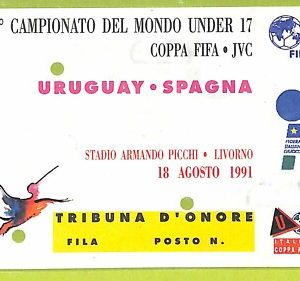 C2677- Vecchio BIGLIETTO PARTITA CALCIO 1991 URUGUAY VS SPAGNA