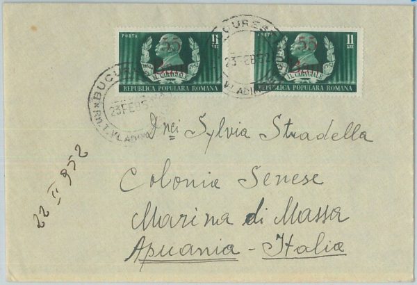 77584 - ROMANIA - POSTAL HISTORY - 1.10 L. LAND RATE on  COVER to ITALY 1952