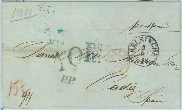 68802 - DENMARK   - Postal History -  COVER from HELSINOR to Cadiz SPAIN  1856
