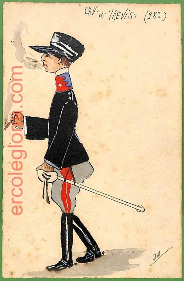 ah1705 CARTOLINA EPOCA dipinta a MANO - Costume Militare TREVISO Cavalleggeri