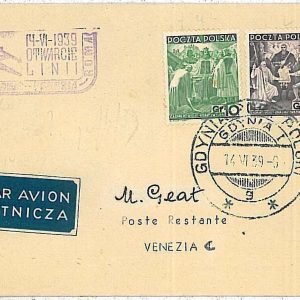 27315 - POLAND - POSTAL HISTORY - First Flight COVER - Gdynia to Venice 1939
