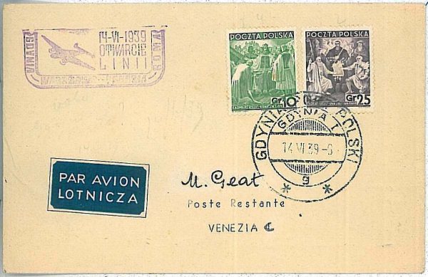 27315 - POLAND - POSTAL HISTORY - First Flight COVER - Gdynia to Venice 1939