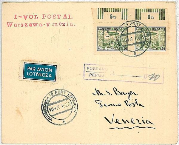 27316 - POLAND  - POSTAL HISTORY - First Flight COVER - Warzsaw to Venice 1928
