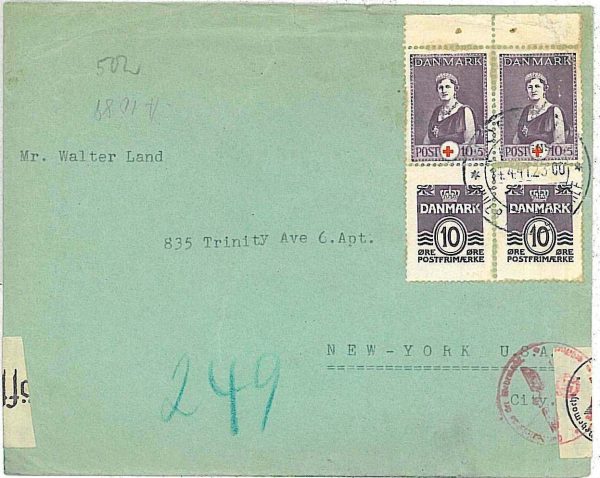 20726 - DENMARK - Postal History - CENSORED COVER to USA 1941  RED CROSS