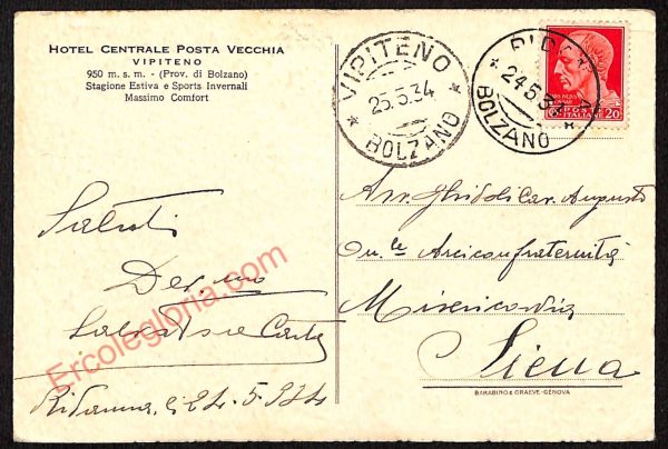 ae4057 - CARTOLINA  D'EPOCA - Bolzano Provincia - Vipiteno   1934 - immagine 2