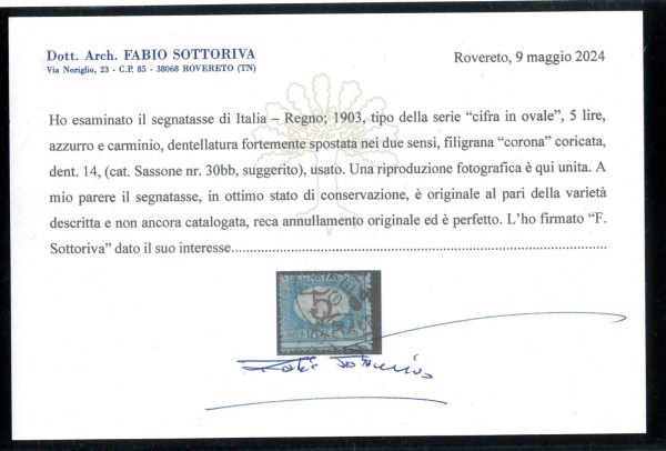 P3311C - ITALIA REGNO, 1903, SEGNATASSE 30 BB (SUGGERITO) VARIETÀ NON CATALOGATA - immagine 2