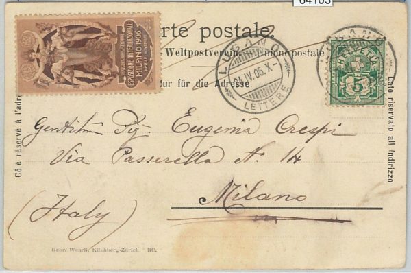 64103 - SWITZERLAND  - POSTAL HISTORY: POSTCARD from LUGANO  to ITALY 1905