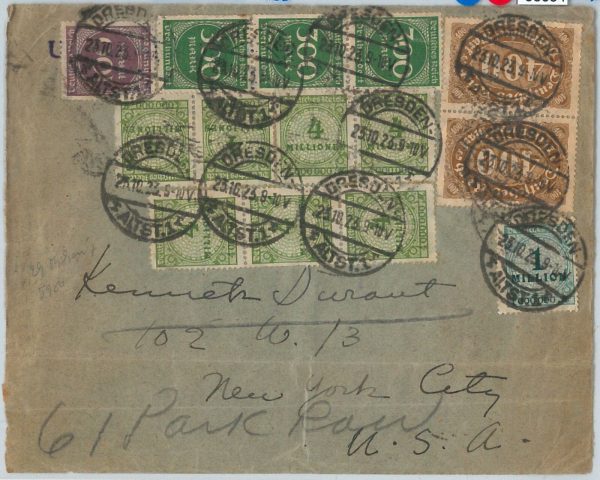 58054 -  GERMANY  Inflation period- POSTAL HISTORY:30 Mill on COVER to USA 19523