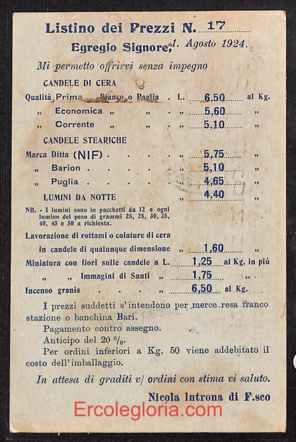 ae0750 - CARTOLINA  D'EPOCA - Bari Città - Nicola Introna  1924 - immagine 2
