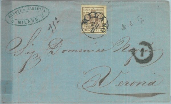 83482 - Antichi Stati LOMBARDO VENETO - Sass 21 su Busta da MILANO a VERONA