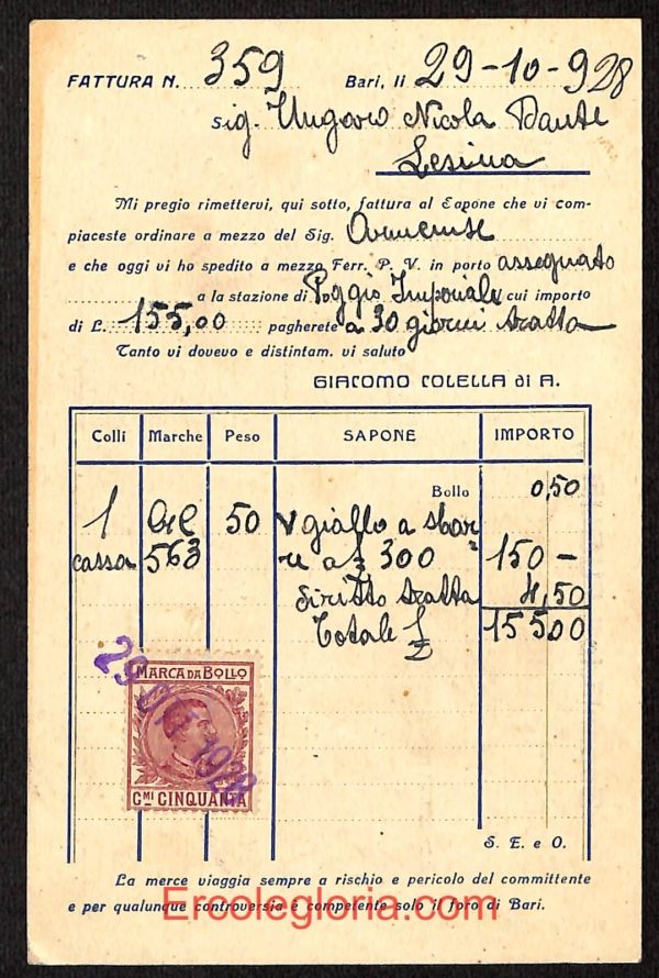 ae0777 - CARTOLINA  D'EPOCA - Bari Città - Giacomo Colella di Antonio  1928 - immagine 2