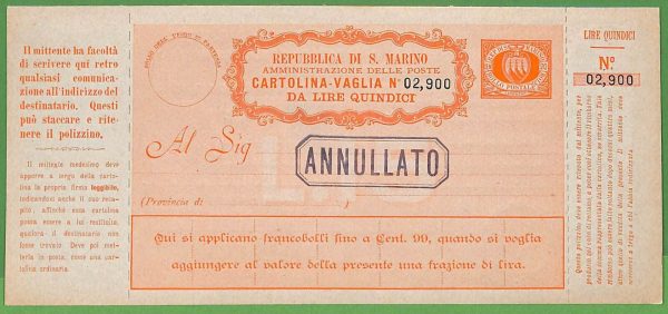 za1620 - SAN MARINO - STORIA POSTALE -  Vaglia postale # V2/V9 set di 8! - immagine 2