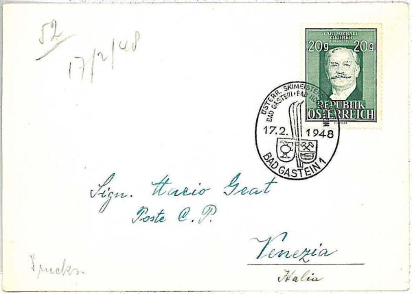 26735 - AUSTRIA  - POSTAL HISTORY - Special Postmark on CARD 1948 - SKIING