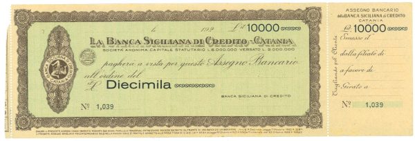 P4340 - BANCA SICILIANA DI CREDITO – CATANIA, ASSEGNO BANCARIO DI LIRE 10000