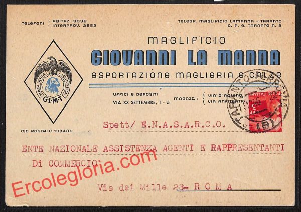 ai7415 - STORIA POSTALE - Taranto Città - Maglificio Giovanni la Manna