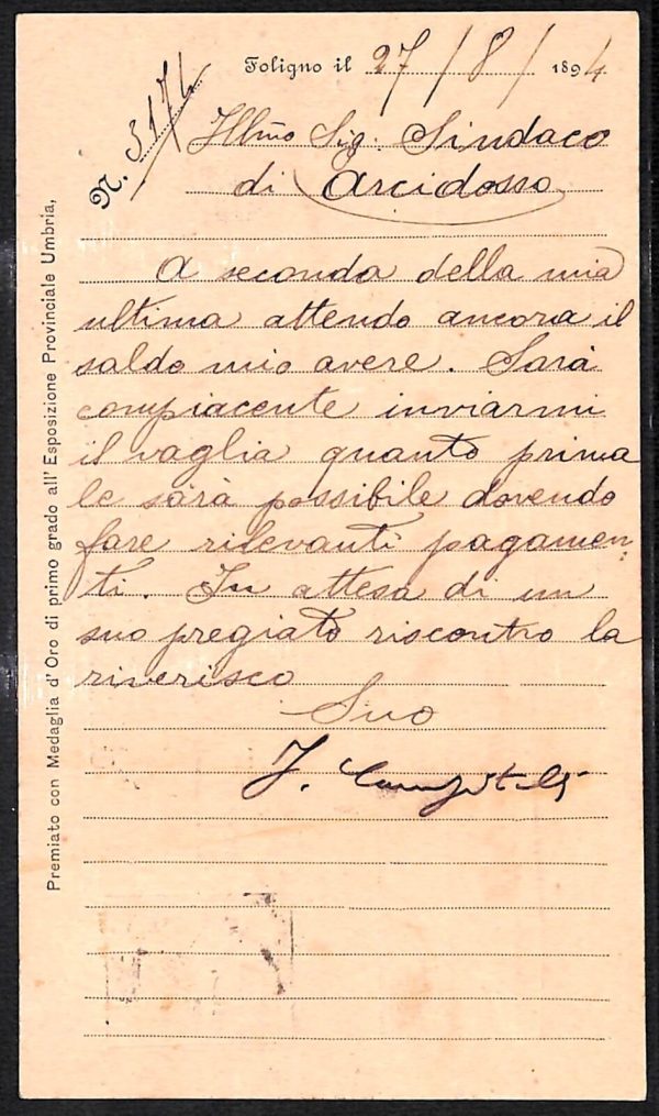 ac3222 - CARTOLINA  D'EPOCA - Perugia Provincia - FOLIGNO  1894 - immagine 2