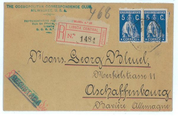 P3332 - PORTUGAL 1913 REGISTRED LETTER TO BAYERN,