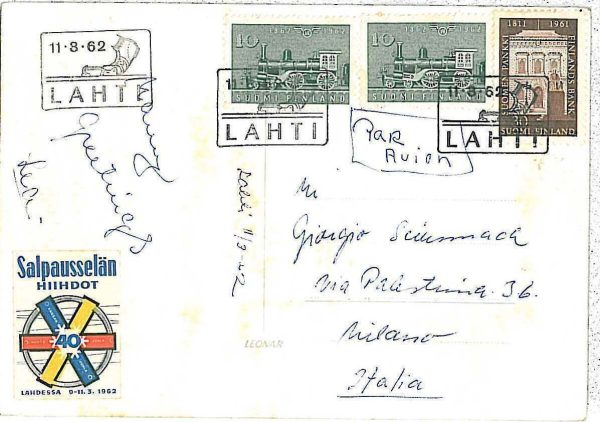 30949 - FINLAND - POSTAL HISTORY Special Postmark on POSTCARD 1962 SKIING Train
