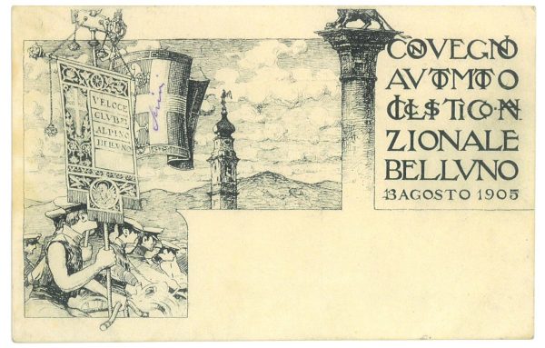 P2983 - BELLUNO 1905, CARTOLINA ILLUSTRATA, CONVEGNO AUTOMOTOCLISTICO NAZIONALE