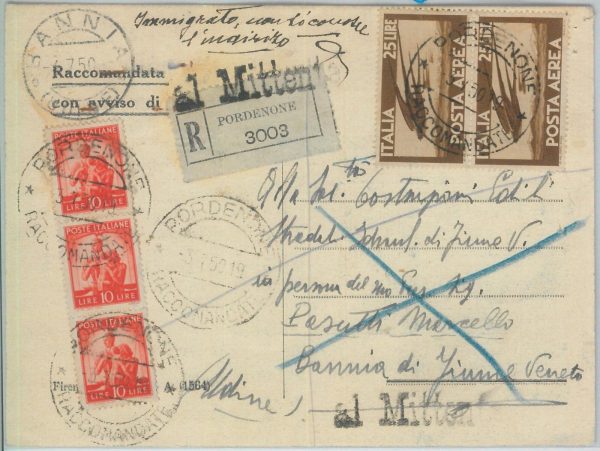 82531 - ITALIA  STORIA POSTALE - DEMOCRATICA su CARTOLINA raccomandata PORDENONE