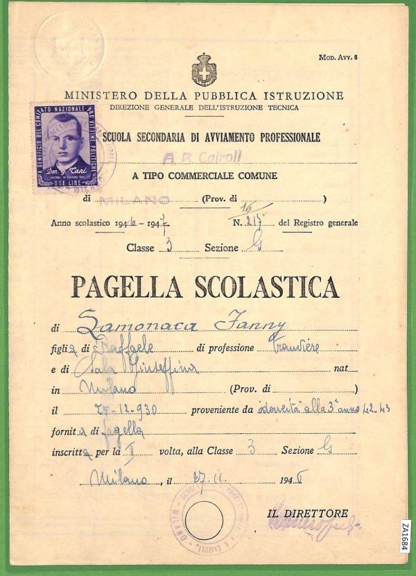ZA1684 - PAGELLA  D'epoca - MILANO Scuola CAIROLI   1947 - Francobollo patrioco
