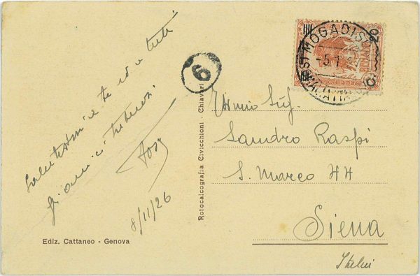 P0297 - SOMALIA - STORIA POSTALE -  Sassone # 77 su CARTOLINA da Mogadiscio 1927