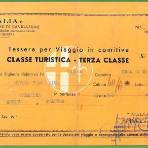 ZA1689 - TESSERA per VIAGGIO IN COMITIVA - Biglietto NAVE  - VULCANIA  - 1954