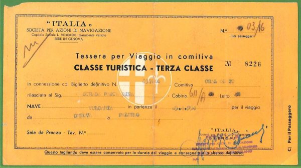 ZA1689 - TESSERA per VIAGGIO IN COMITIVA - Biglietto NAVE  - VULCANIA  - 1954