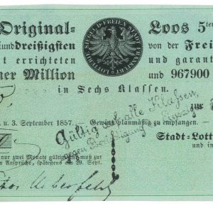 P2733 - GERMANY, FRANKFURTER LOTTERIE 1857 VERY RARE AND ATTRACTIVE PIECE